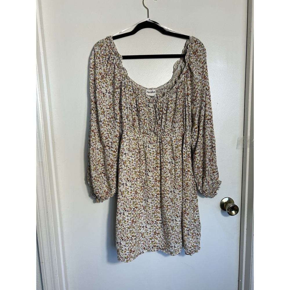 Arula Floral Mini Dress Boho Cottagecore Whimsigoth Smocked Waist Long Sleeve